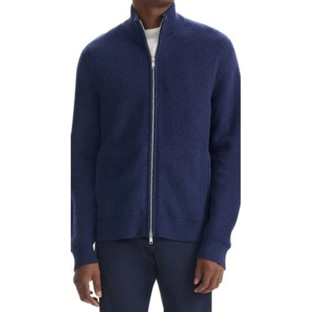 Theory Sweater Mens XL Blue Zip Up Cotton Waffle Knit Pockets Walton $265